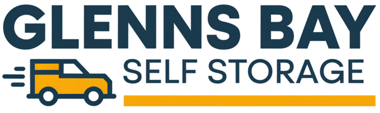Logo for Glenns Bay Self Storage, dark teal text with yellow truck icon and gold bar.