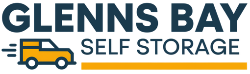 Logo for Glenns Bay Self Storage, dark teal text with yellow truck icon and gold bar.