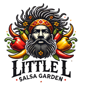 The logo for little l salsa garden shows a man with a beard and a headband surrounded by peppers.