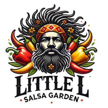 The logo for little l salsa garden shows a man with a beard and a headband surrounded by peppers.