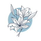 White line art lilies on blue circle.