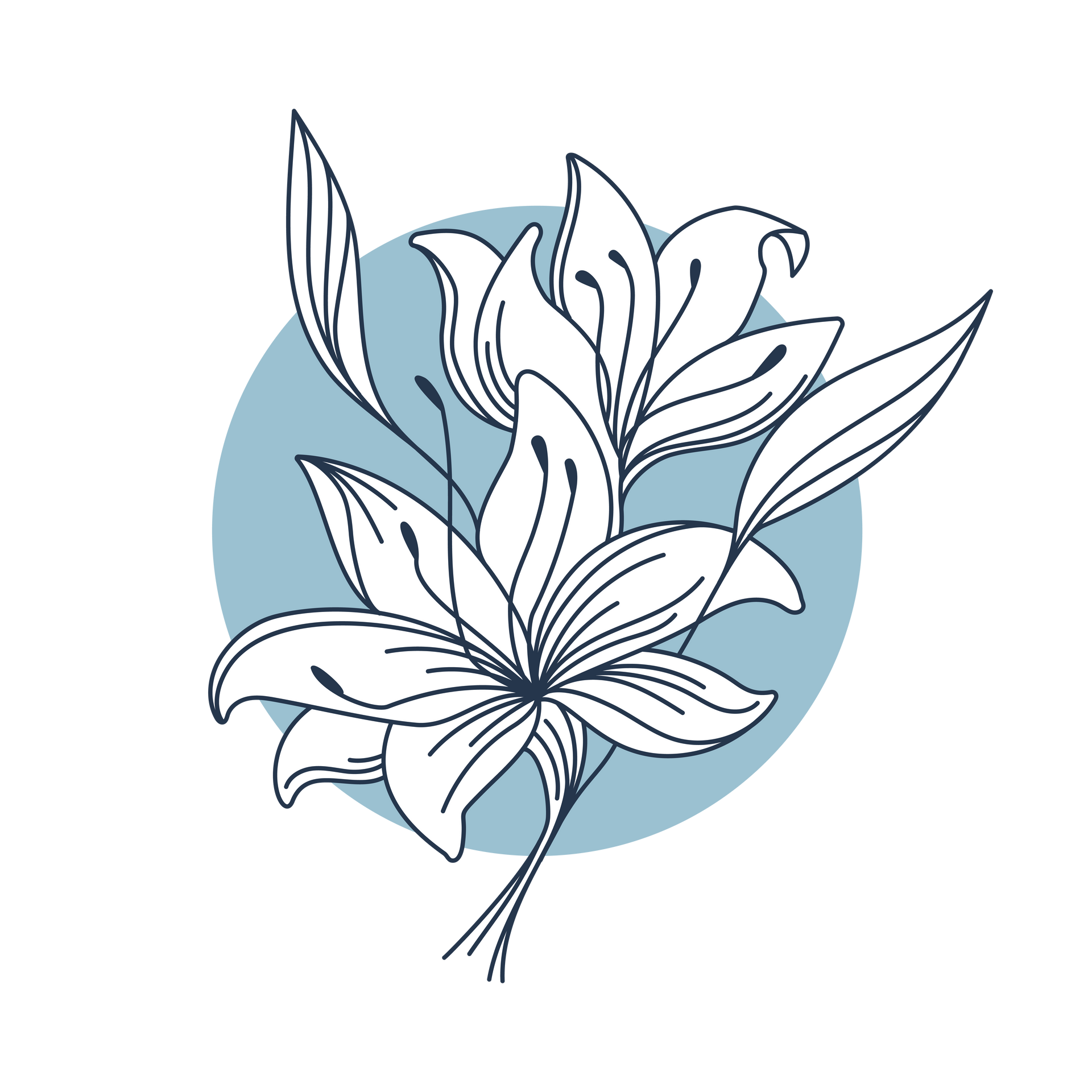 White line art lilies on blue circle.