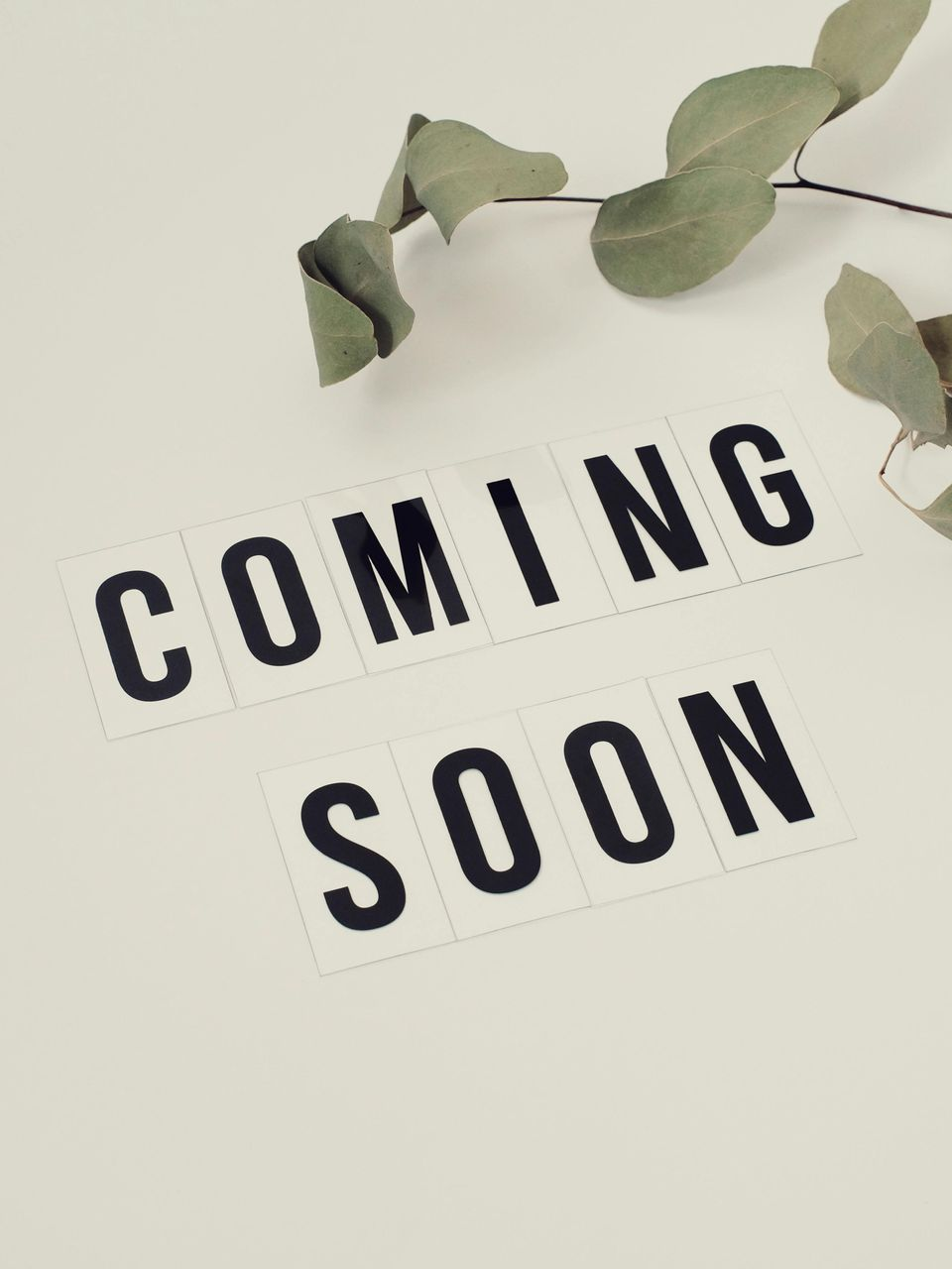 “COMING SOON” letters on a light background with green leaves above