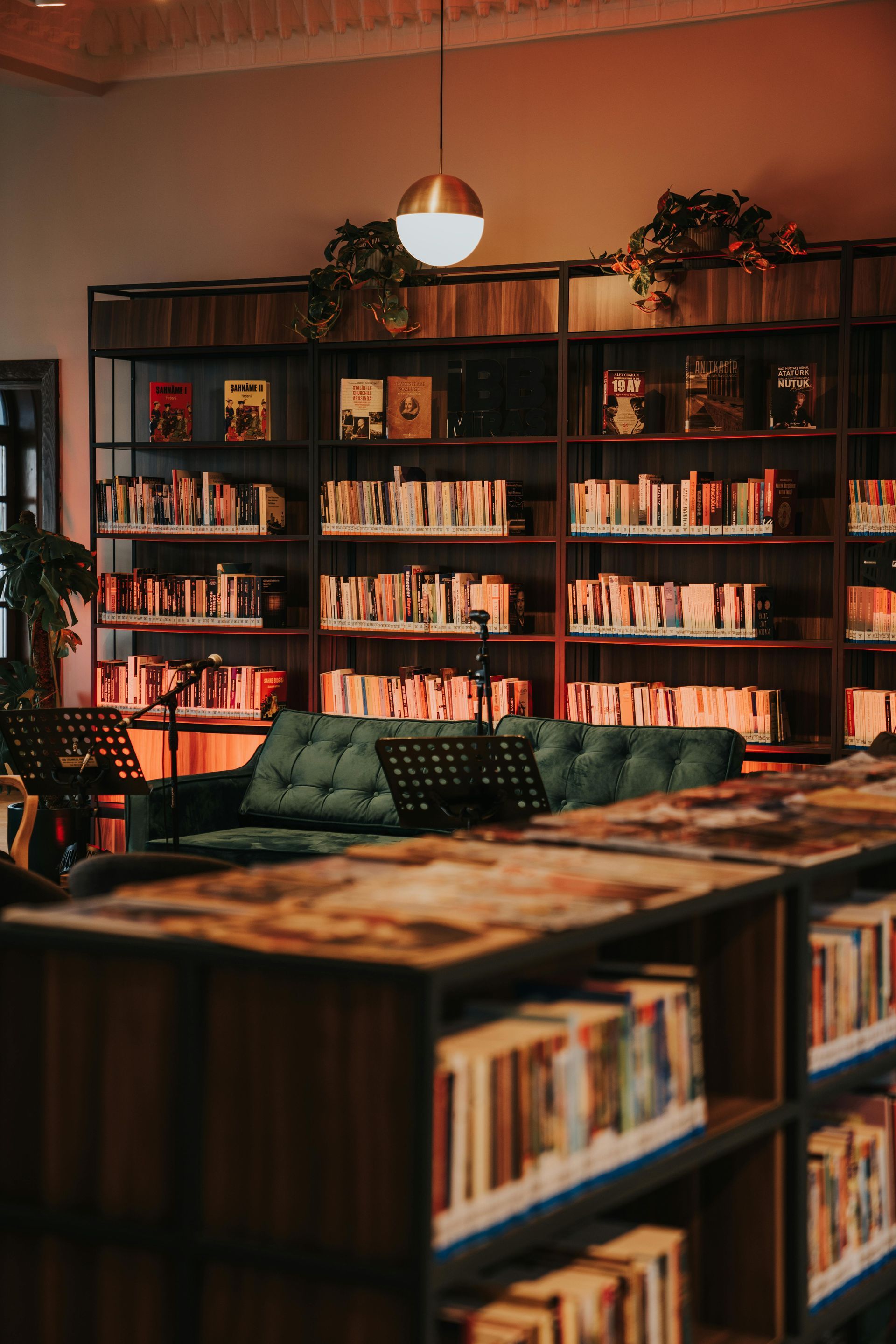 A library filled with lots of books and a green couch.