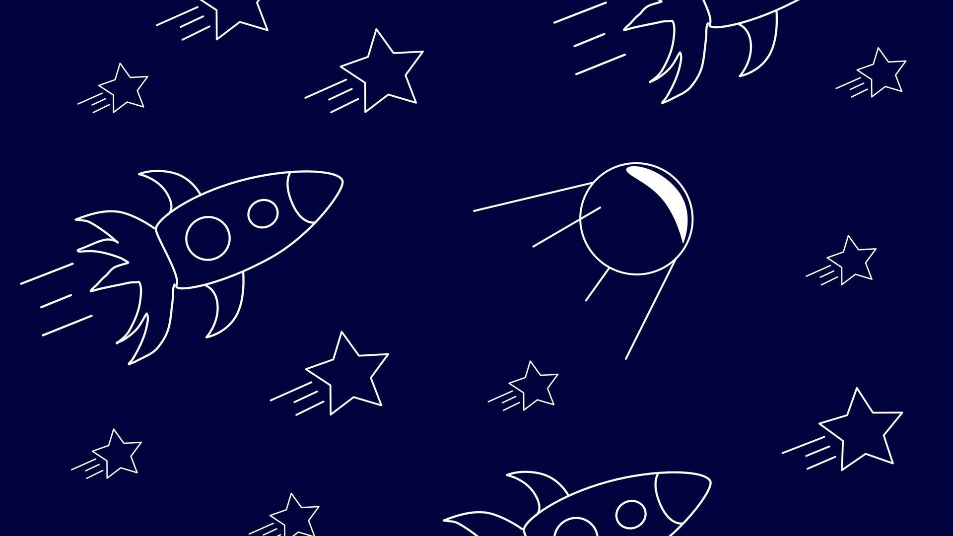 A drawing of a rocket flying through the night sky with stars.