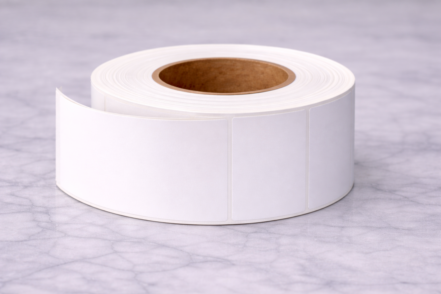 Roll of blank white rectangular labels on a light marble surface.