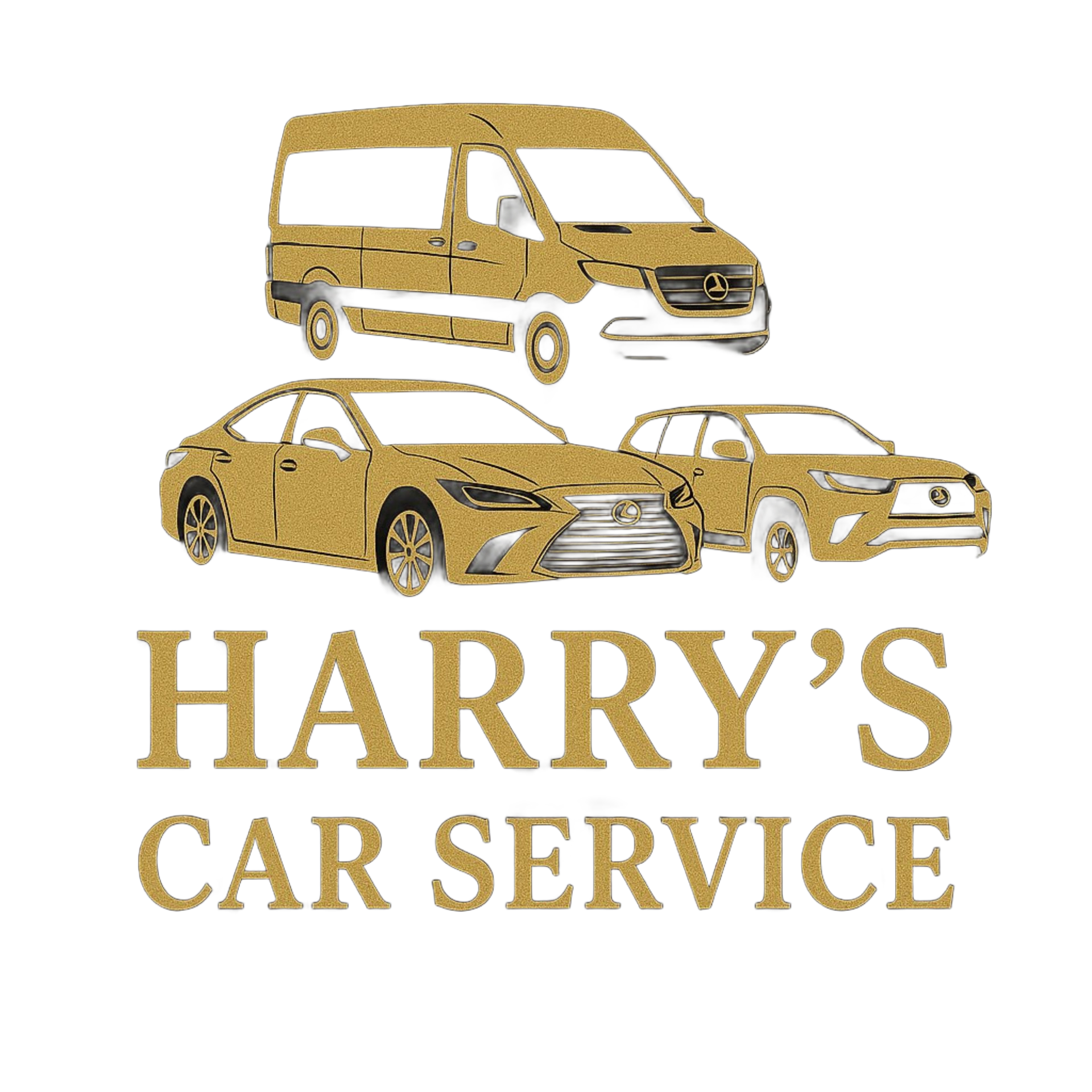 Gold-toned logo: a van and two cars above 