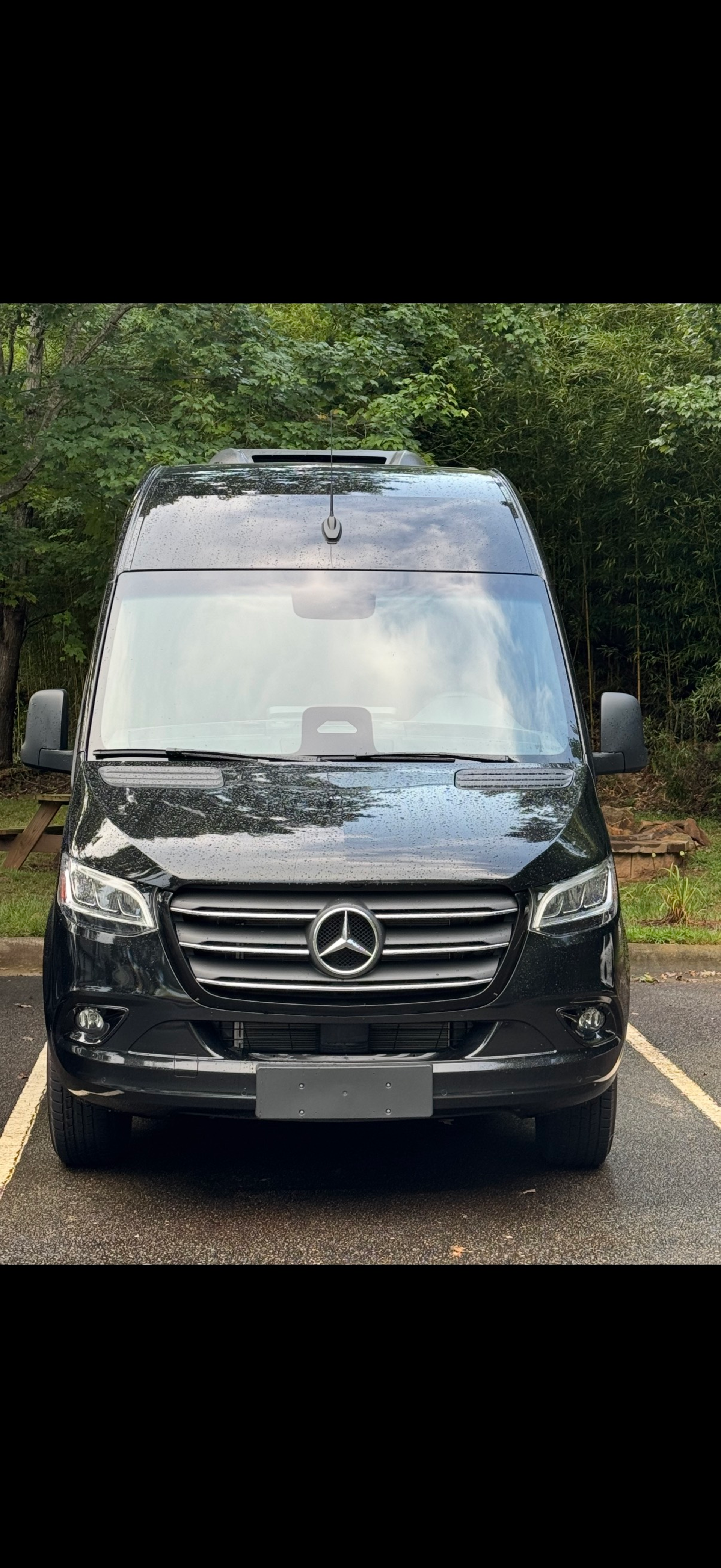 Black Mercedes-Benz Sprinter van parked outdoors in front of trees; it's raining.