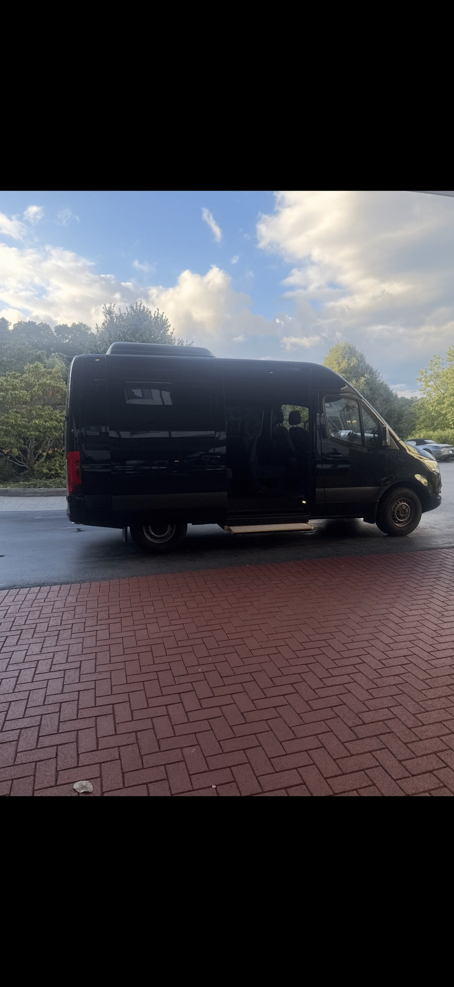 Black van parked on a brick-paved road under a cloudy sky.