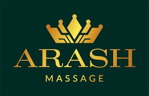 Gold logo for Arash Massage on a dark green background, featuring a crown above the name.