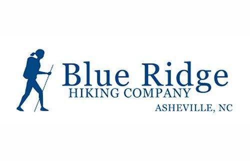Blue Ridge Hiking Company logo: Blue figure hikes with a backpack and staff. Text: Blue Ridge Hiking Company, Asheville, NC.