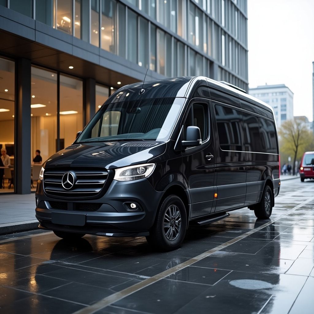 Black Mercedes-Benz van parked on a wet city street in front of a modern building.