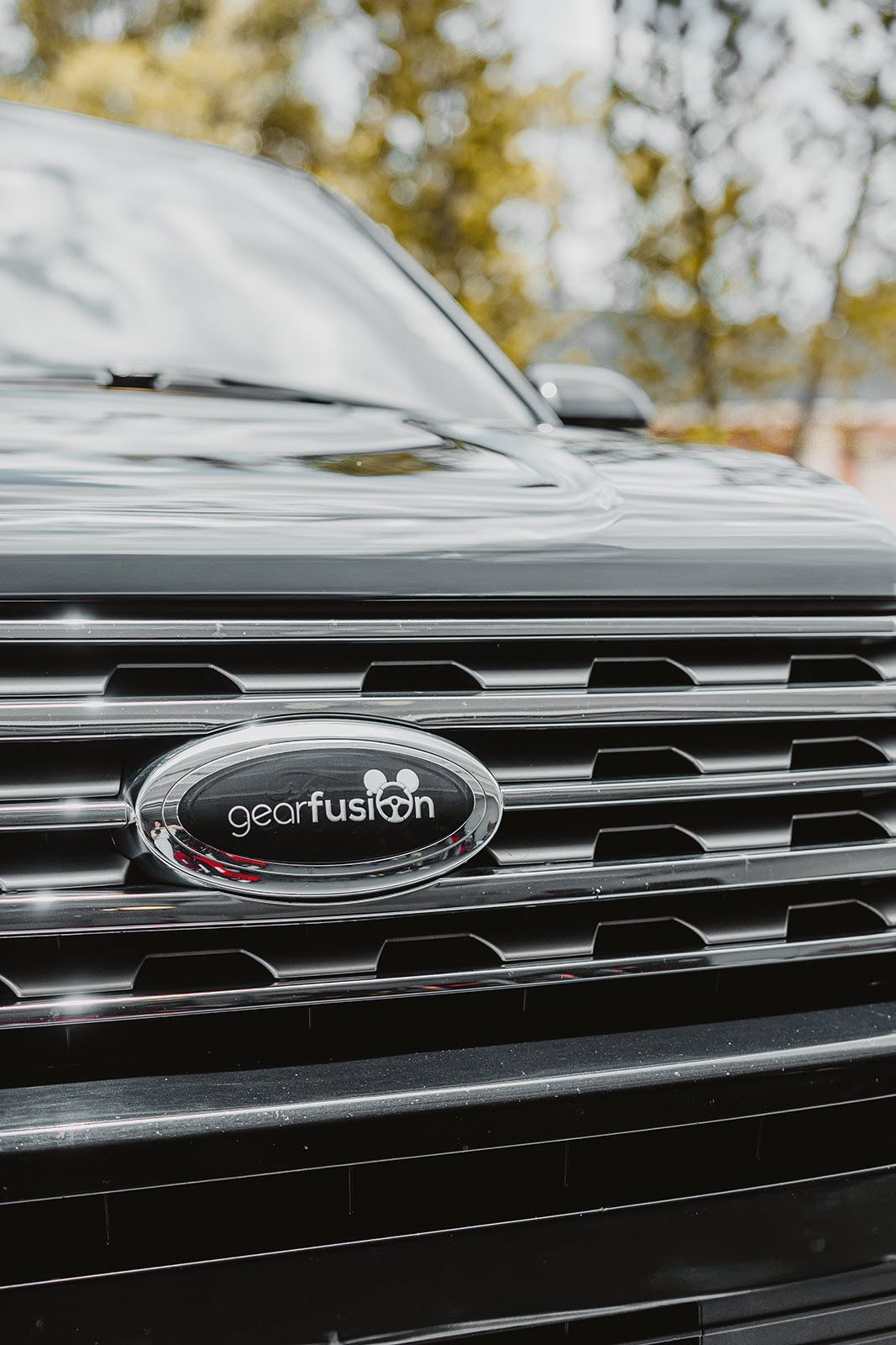 A close up of the front grille of a black ford truck.