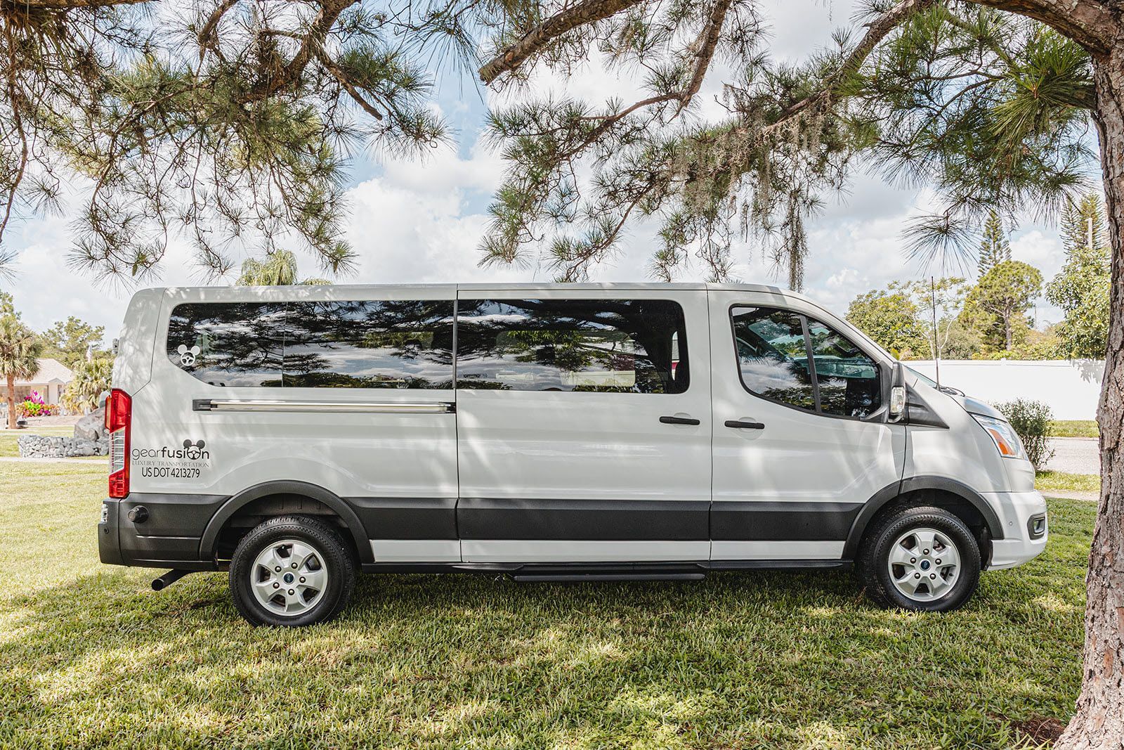 A white van is parked in a grassy field next to a tree.