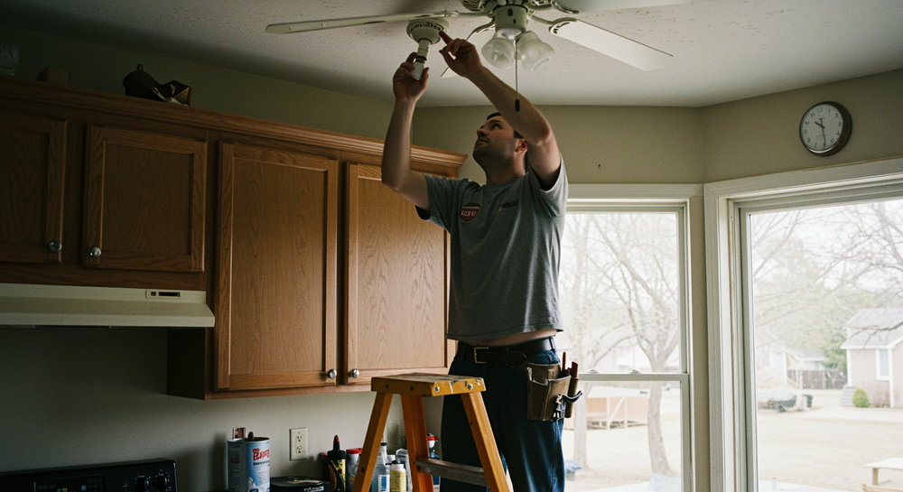 Person standing on a ladder repairing a ceiling light in a kitchen with wooden cabinets and large windows