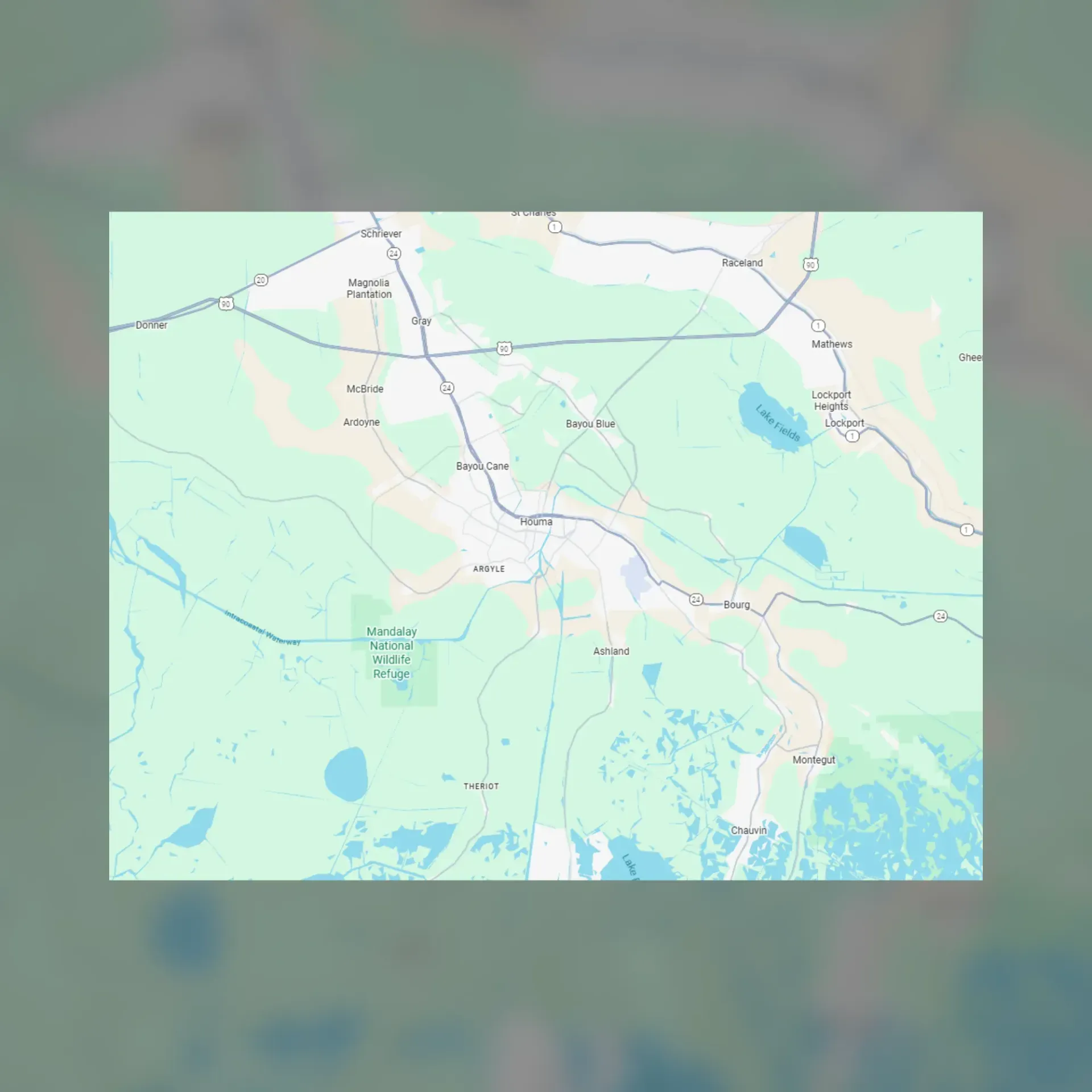 Map of Houma, Louisiana, and the surrounding area. 