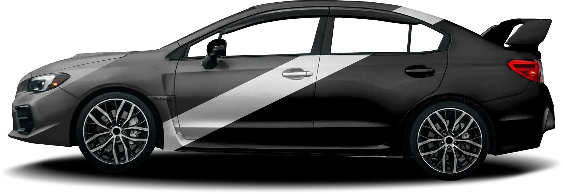 Car with custom vinyl wrap design showing graphics. 