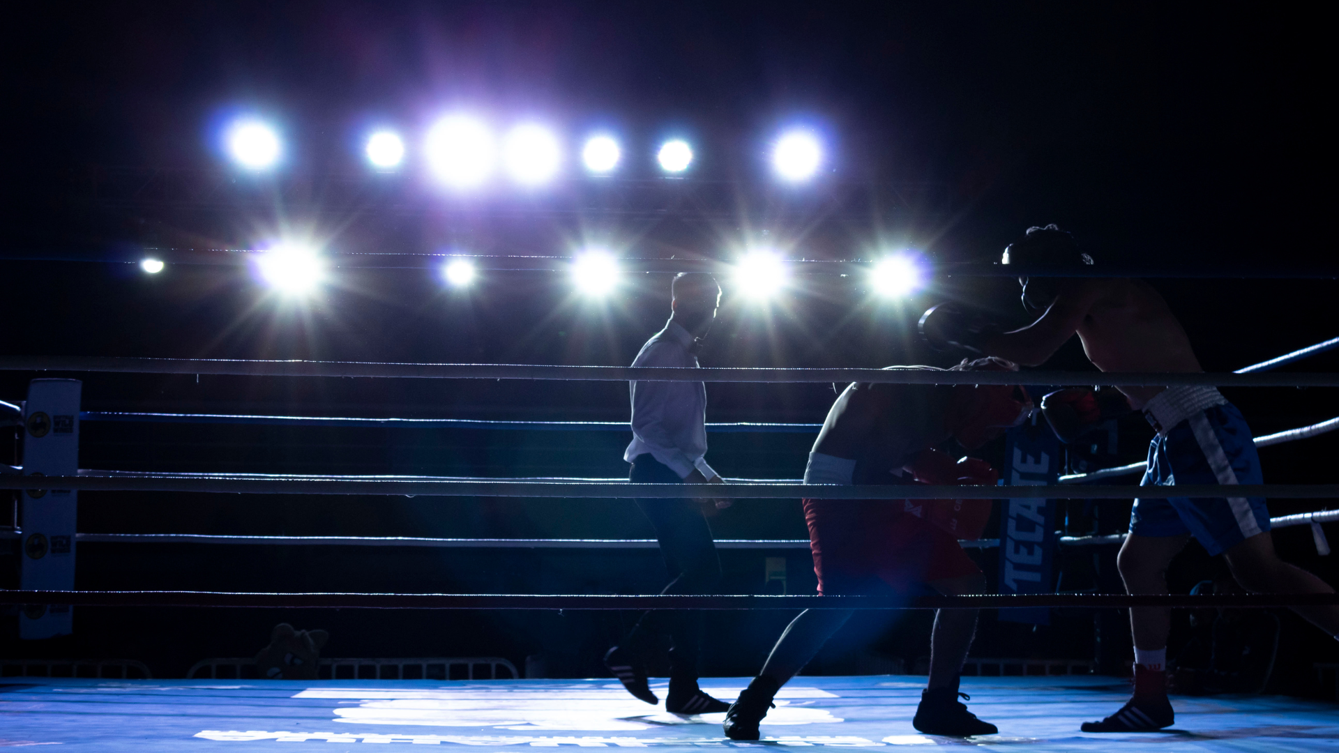 Two boxers are fighting in a boxing ring with tecate written on their shorts