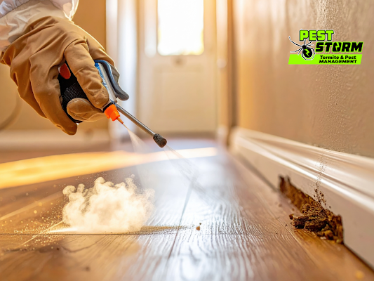 A Professional Uses a Handheld Sprayer to Apply Treatment to a Floor — Pest Storm In Newcastle, NSW