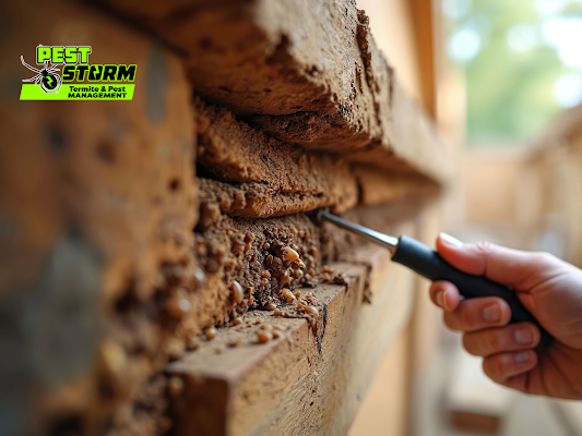 A Hand Uses a Tool to Inspect Damaged Wood Infested With Termites — Pest Storm In Maitland, NSW
