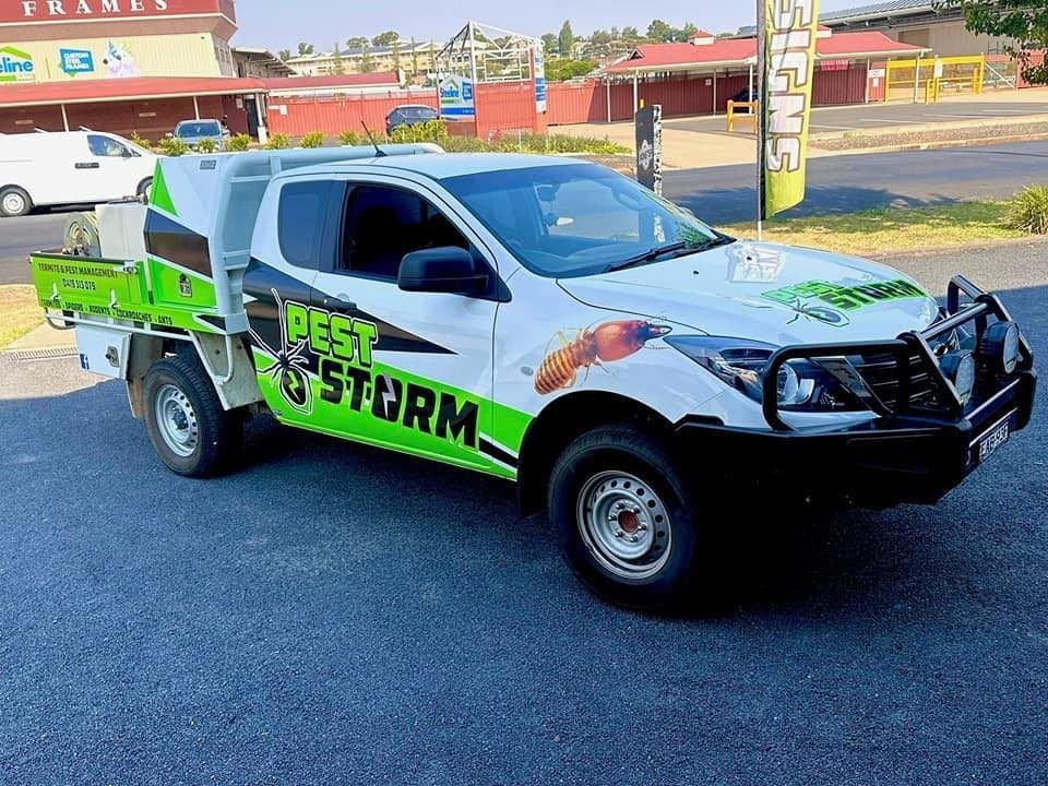 A White Pest Storm Work Truck With Green Accents — Pest Storm In Summerland Point, NSW
