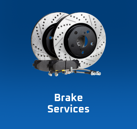 Brake rotors and pads against a blue background, labeled "Brake Services." | VJ Auto Sales & Service