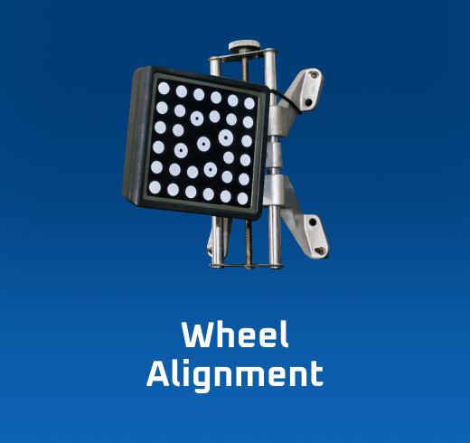 Wheel alignment tool mounted on a wheel, blue background. Text reads "Wheel Alignment". | VJ Auto Sales & Service