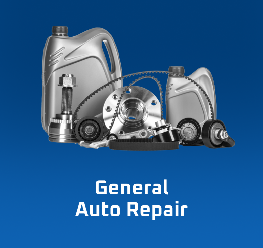 Auto parts on a blue background; text "General Auto Repair". | VJ Auto Sales & Service