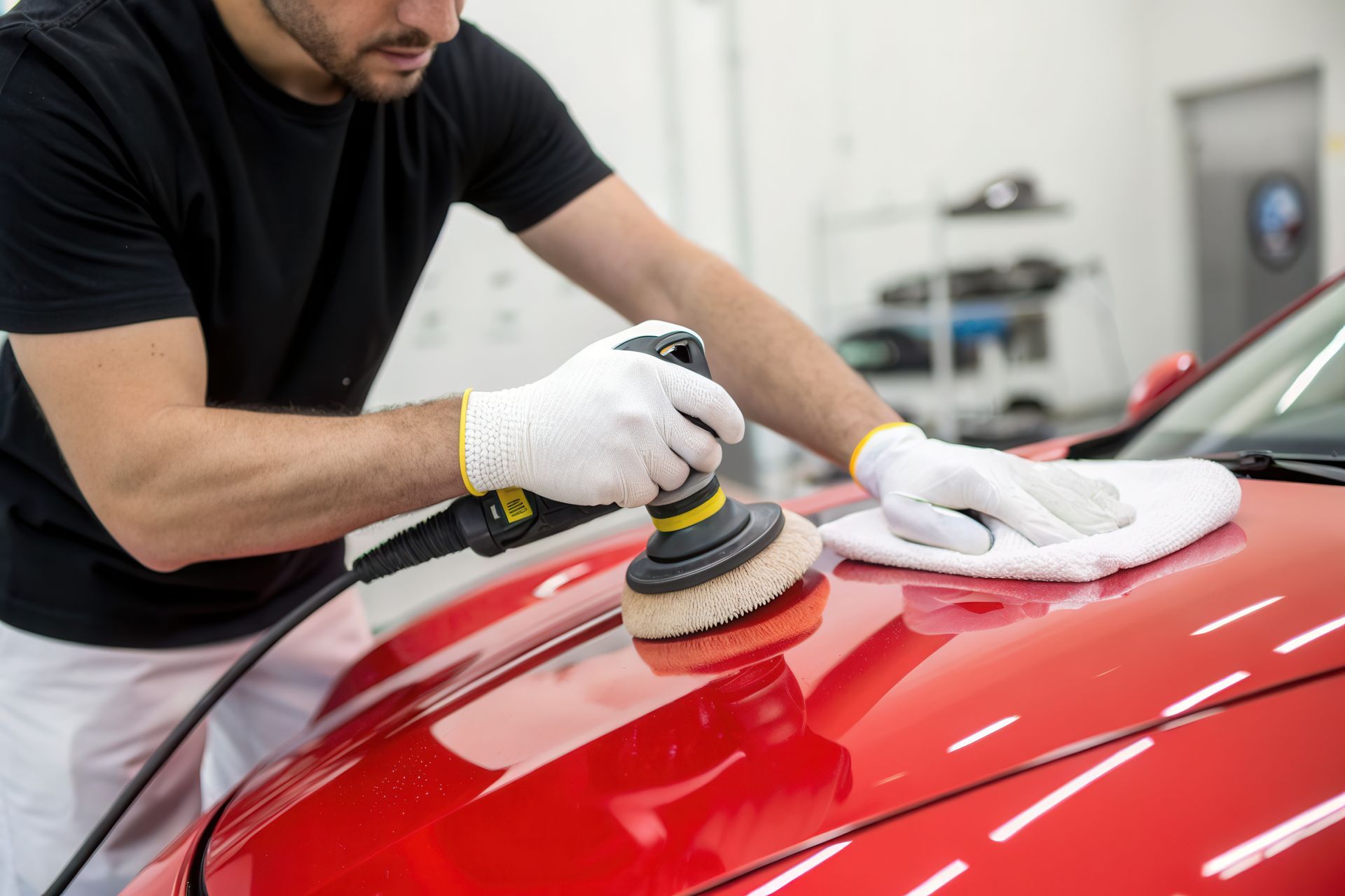 A man is polishing a red car with a machine.