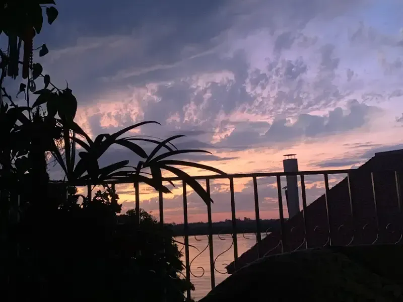 Céu ao pôr do sol sobre a água, emoldurado pela silhueta da grade de uma varanda e plantas; tons de laranja, rosa e roxo.