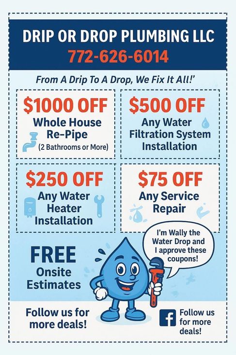 Plumbing service ad. Offers $1000 off whole house re-pipe, $500 off water filtration, and other discounts.
