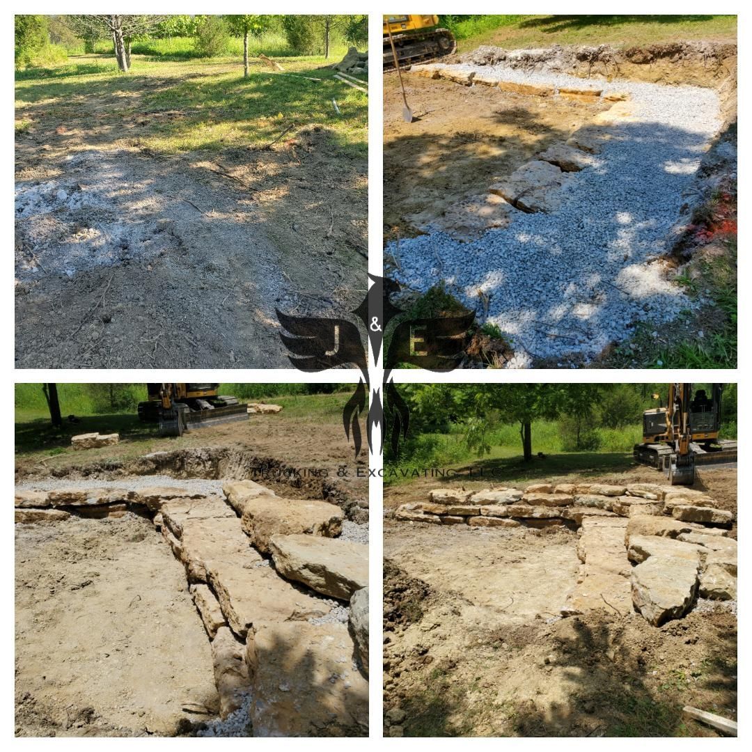 Collage of gravel and stone landscape features in a sunny park-like outdoor setting