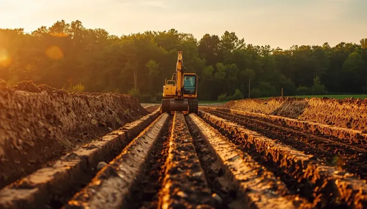 Excavator working in a muddy field at sunset, with rows of freshly plowed soil and trees in the background.