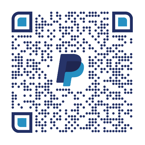 PayPal QR code for payments. Features PayPal logo in the center and blue and white design.