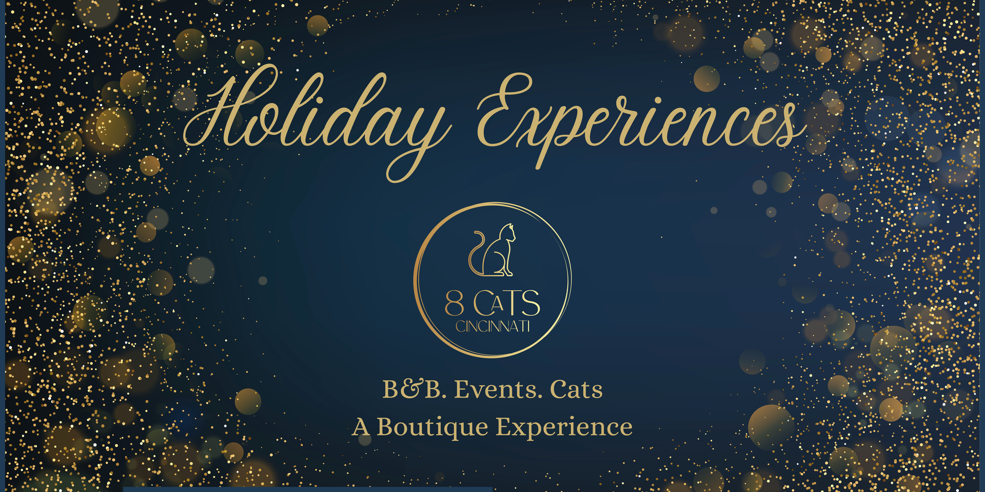 Dark blue background with gold glitter. Holiday Experiences text above a logo for 8 Cats Club.