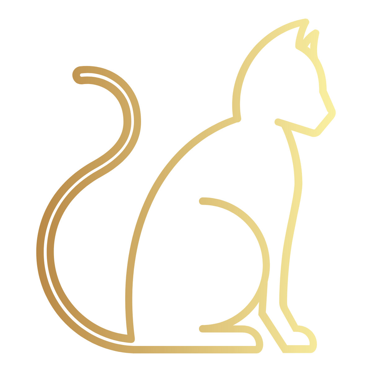 Gold outline of a cat sitting, tail curled, facing right.