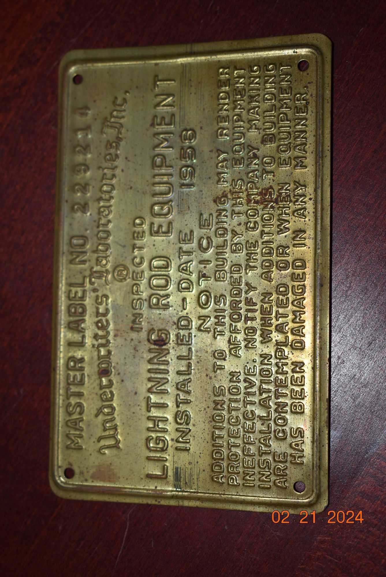 1958 brass lightning rod tag