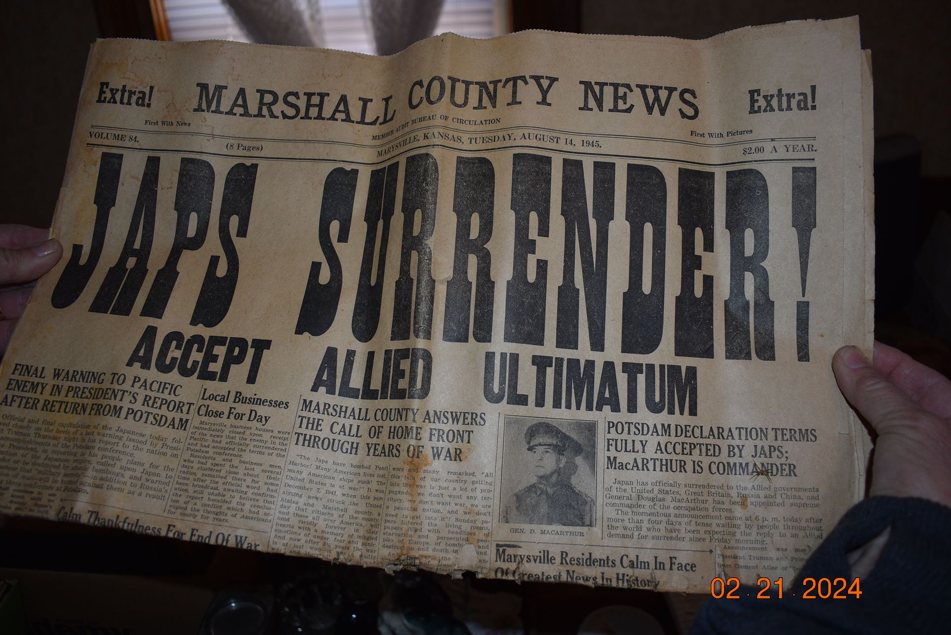 Antique newspaper article on World War 2 when Japs surrendered to the United States. 