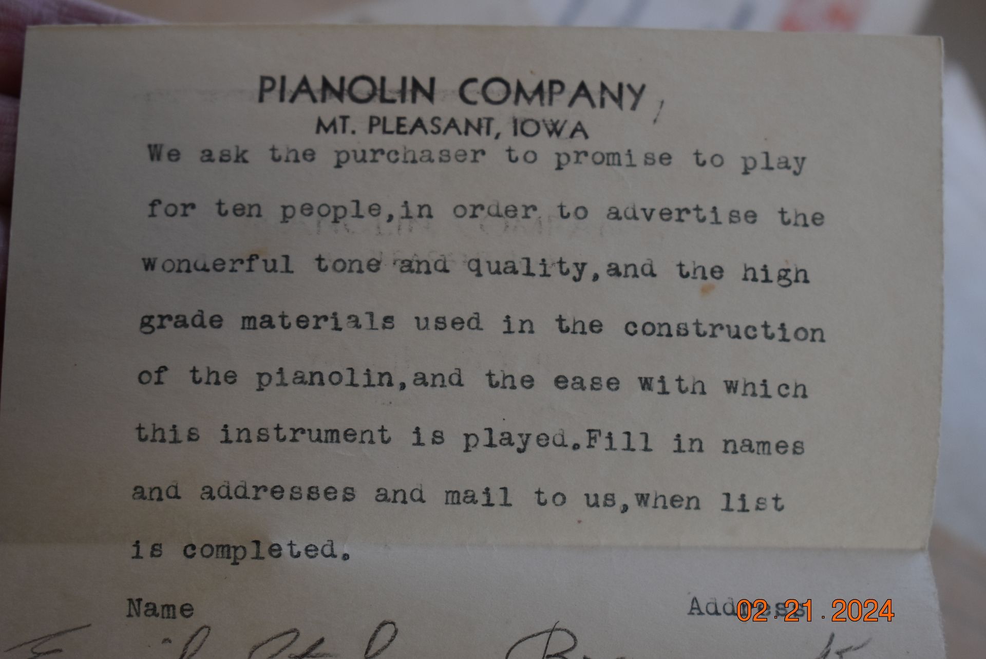 Pianolin company note
