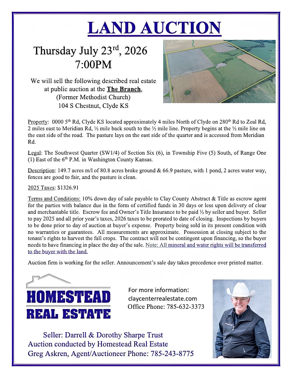 Real estate auction advertisement: 88 acres near Clinton Lake, open house Oct 26, auction Nov 15. Features a house, a pond, and hunting.