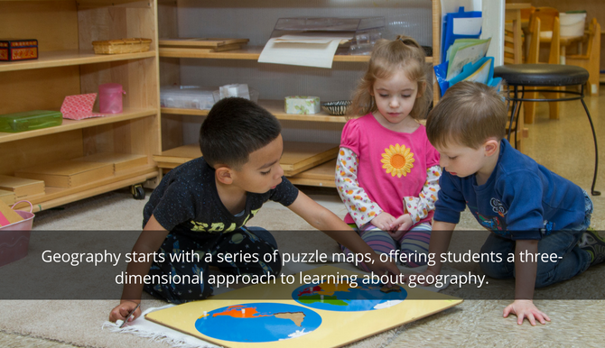 Montessori children working with puzzle maps