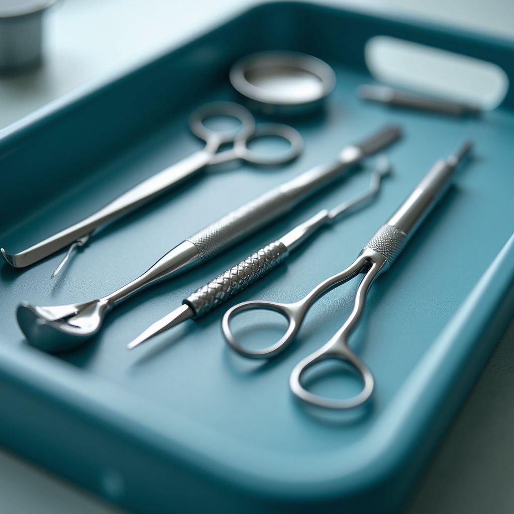 Dental tools on a blue tray: forceps, scissors, probes, and a small container.