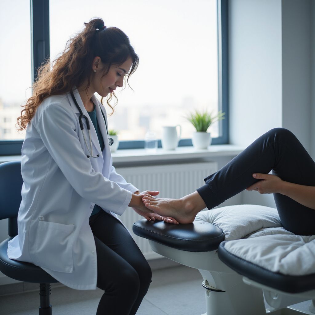 Doctor examines patient's foot. Indoors, near a window. Doctor wears a white coat and stethoscope.