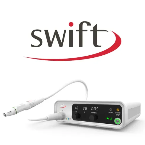 Swift wart removal device with console, white with display, and treatment head.