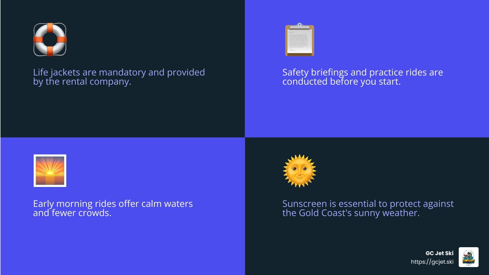 Four panels with safety tips: Life jackets are mandatory; Safety checklist before you start; Early morning calm waters; Sunscreen to protect.