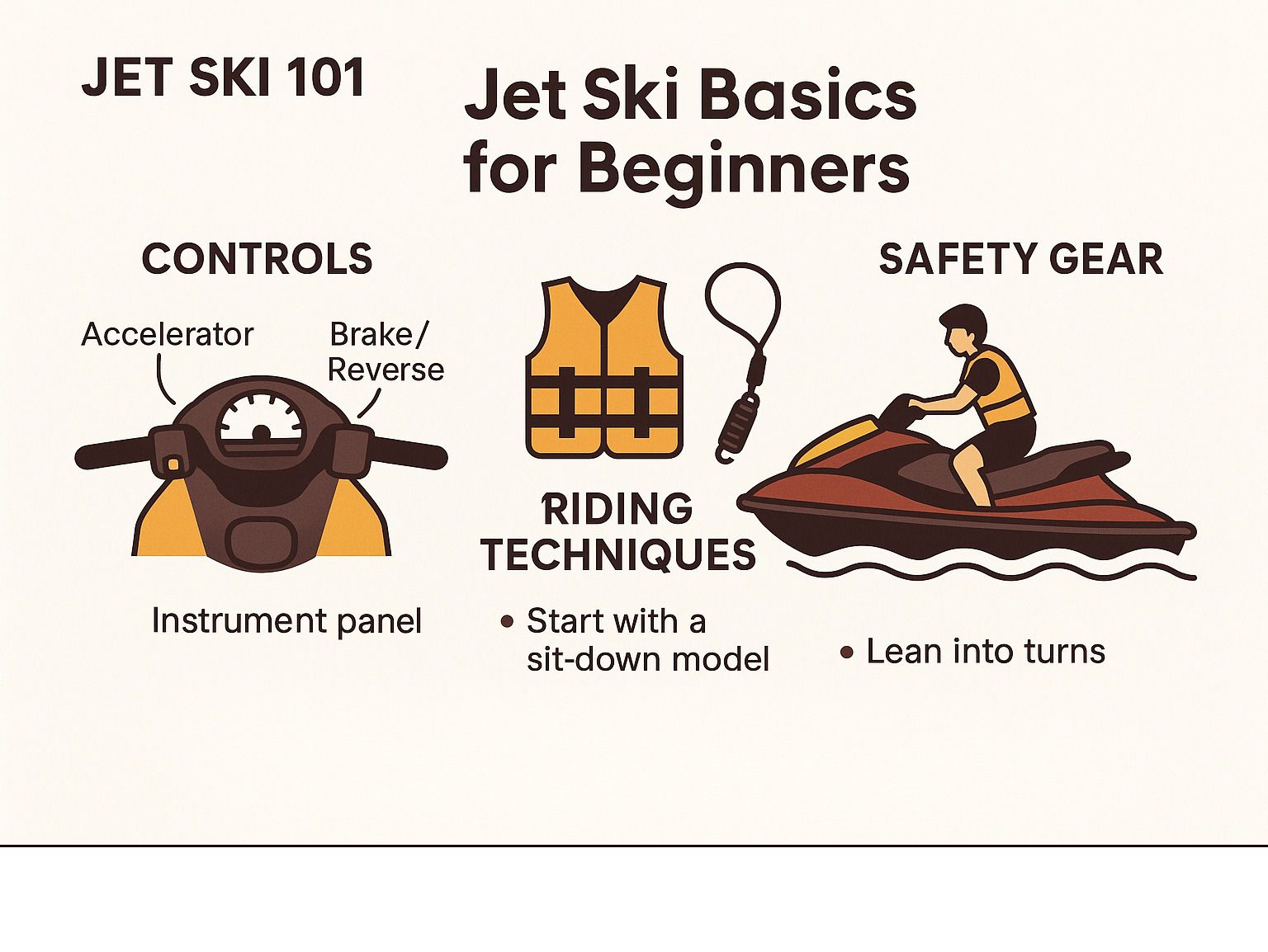 Jet ski basics for beginners: controls, safety gear, riding techniques. Includes an instrument panel and rider on a jet ski.