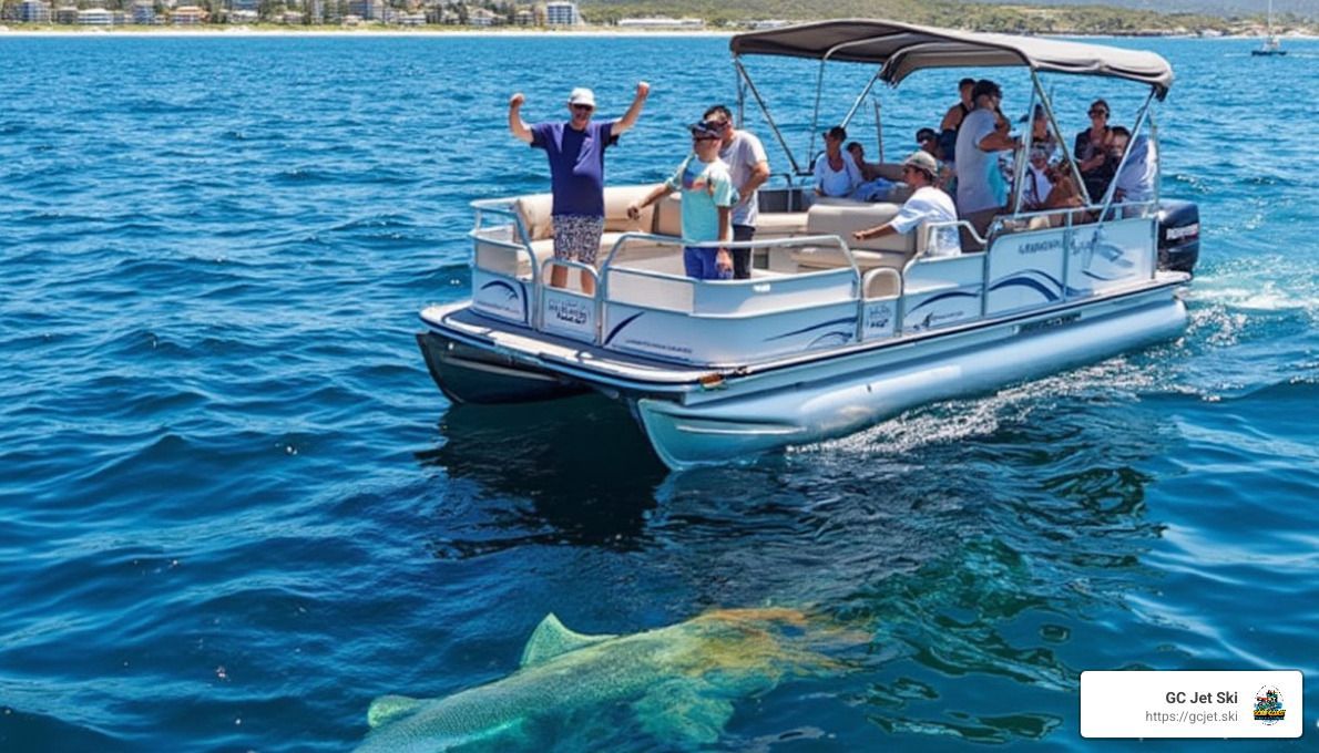 People on a pontoon boat, one man raising arms, over a large shark in clear blue water.