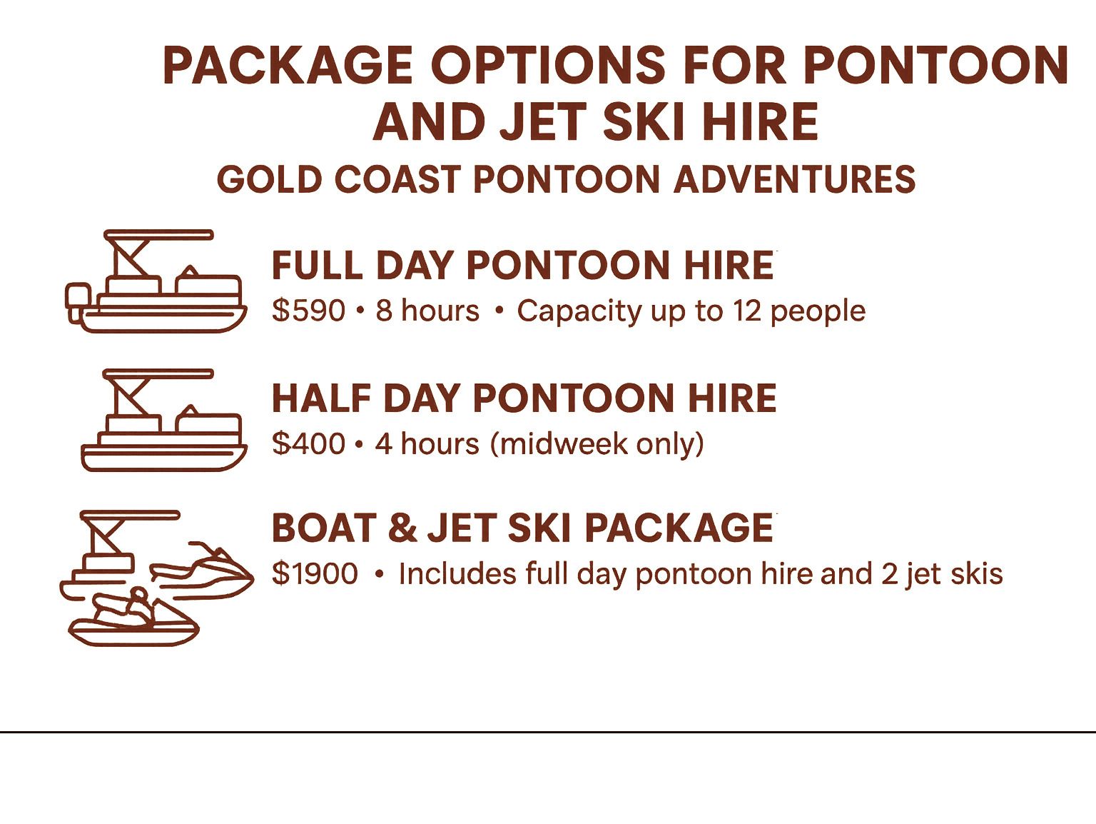 Package options for pontoon and jet ski hire from Gold Coast Pontoon Adventures: full day, half day, or boat & jet ski.