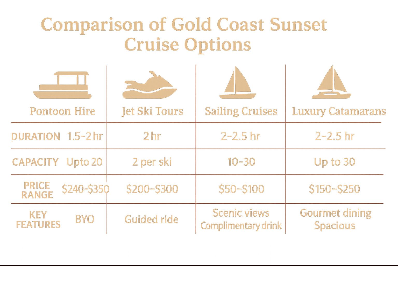 Comparison of Gold Coast sunset cruise options: pontoon, jet ski, sailing, and luxury catamaran, with price, duration, and features.