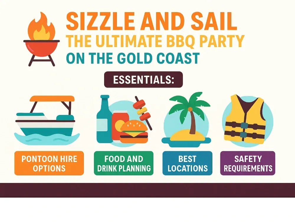 BBQ Party on the Gold Coast Essentials: Pontoon hire options, food and drink planning, best locations, and safety requirements - BBQ party on the Gold Coast infographic 